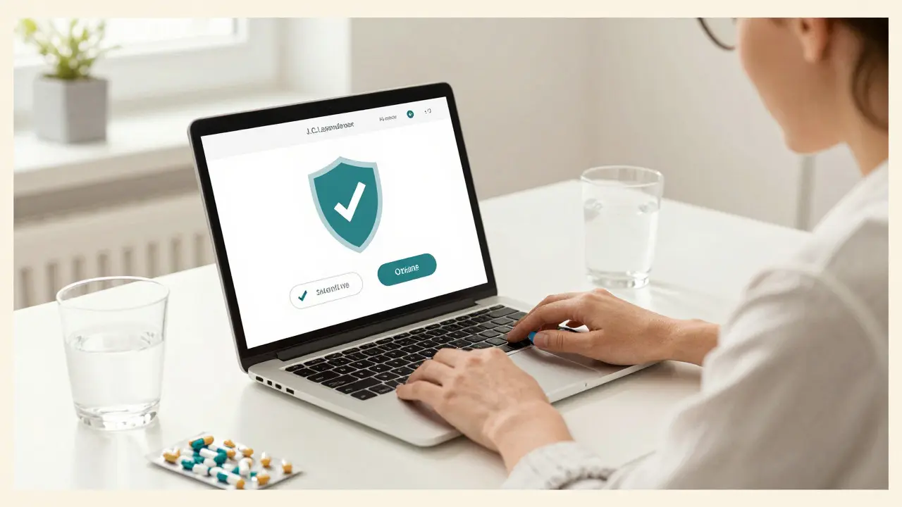 A person orders medication safely online at a desk, surrounded by security symbols, illustrated in an elegant, reassuring J.C. Leyendecker style.
