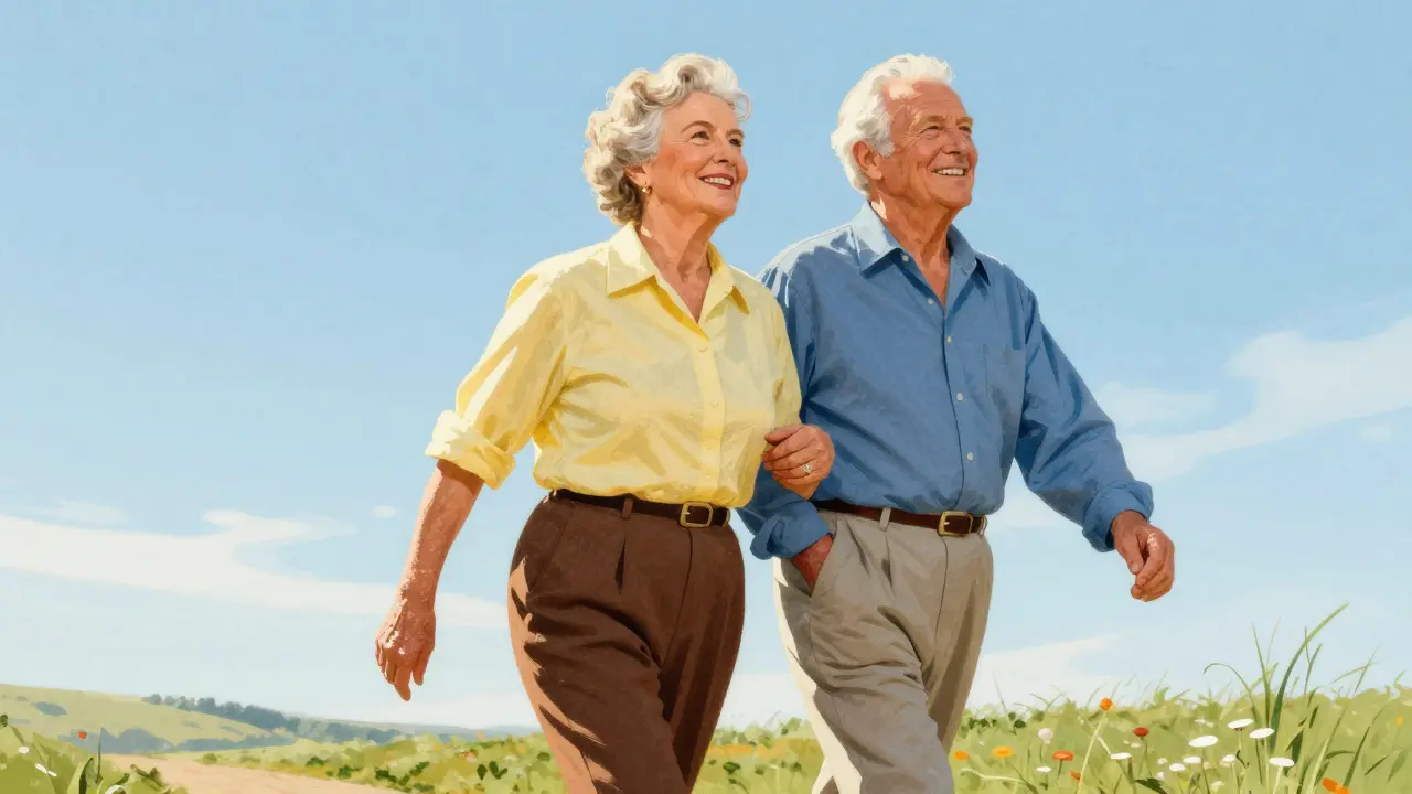 Active seniors walking in morning sun, promoting natural sleep rhythms