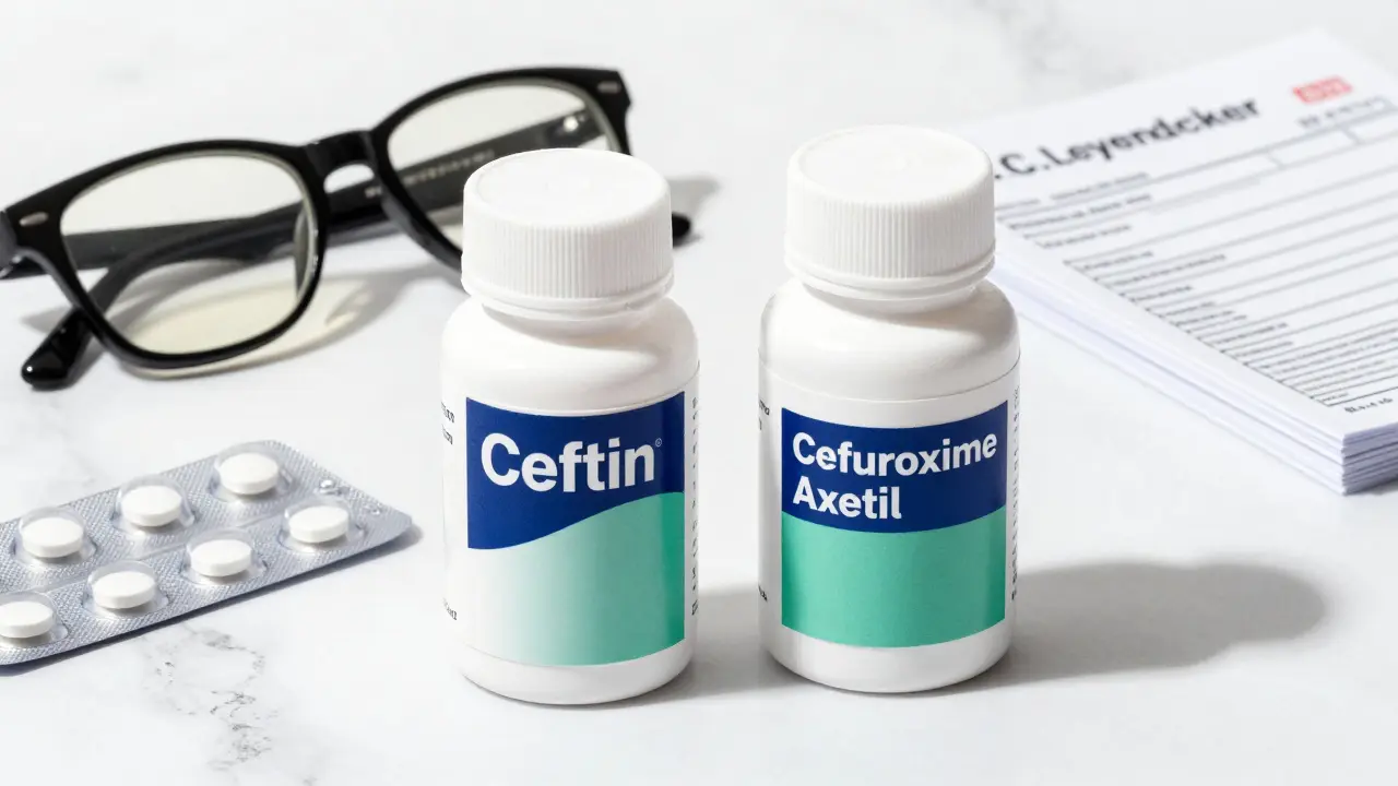 Branded and generic antibiotic bottles side-by-side on a table with glasses