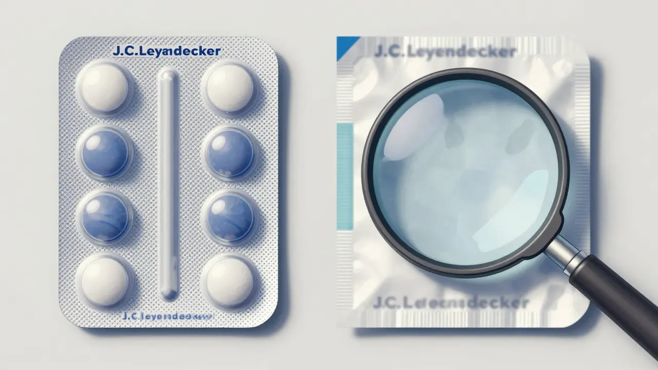 Close-up comparison of genuine vs counterfeit medicine packaging