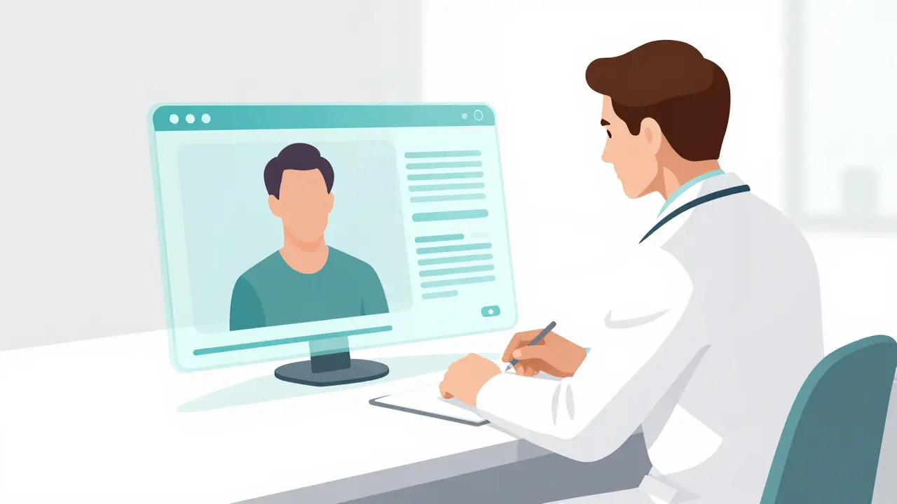 Doctor consulting with patient via digital telehealth interface
