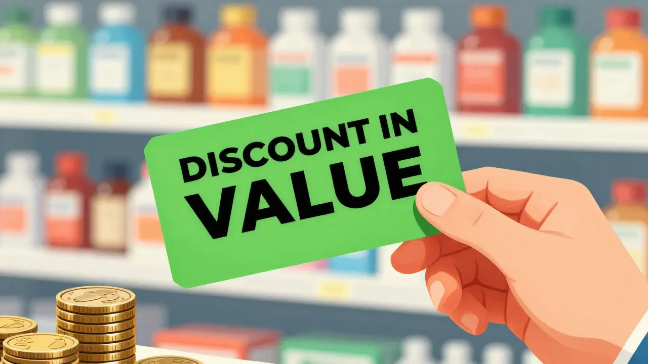 Hand holding discount coupon next to coins symbolizing savings