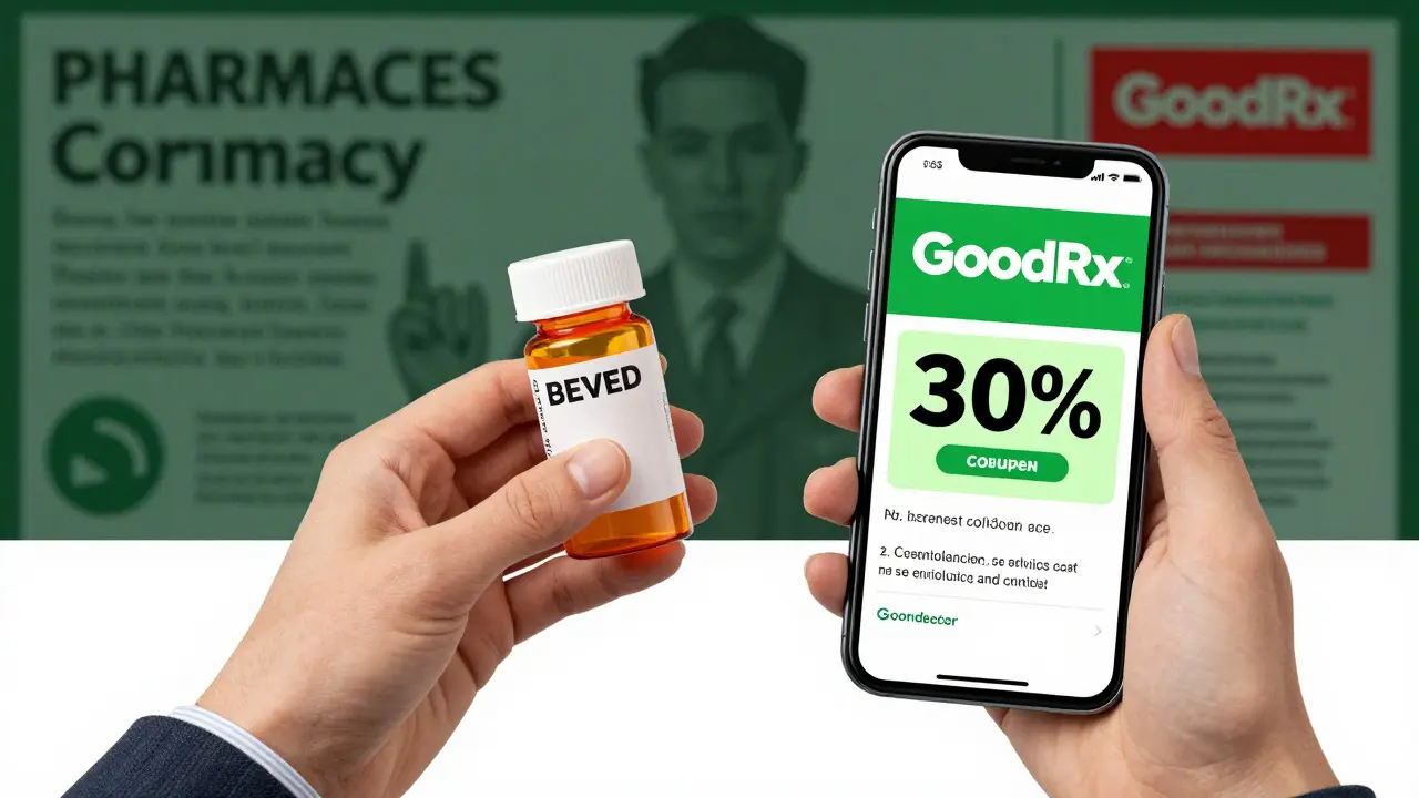 Hand holding medication and phone showing discount coupon