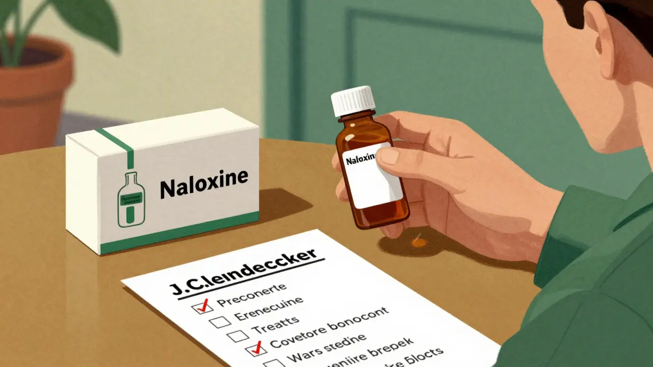 Home setting with medication, antidote box, and emergency checklist on a table.