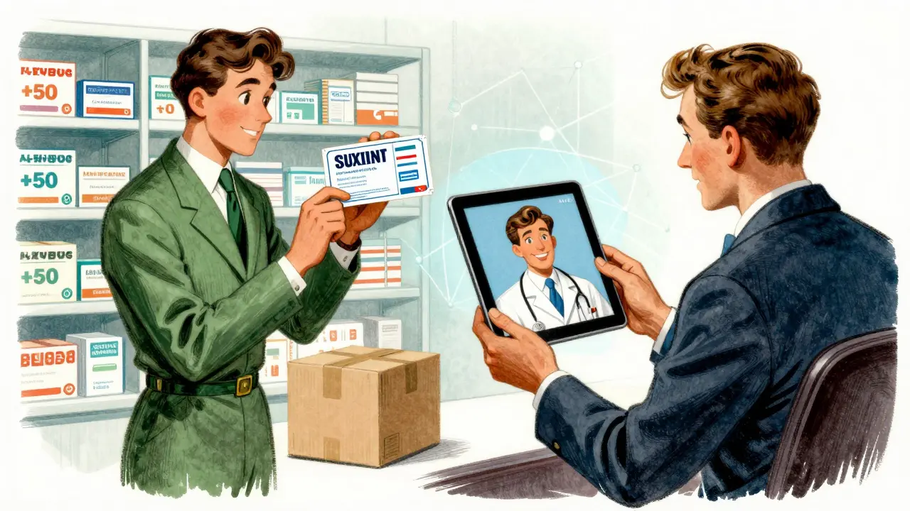 Illustration comparing pharmacy coupons and telemedicine video consultations