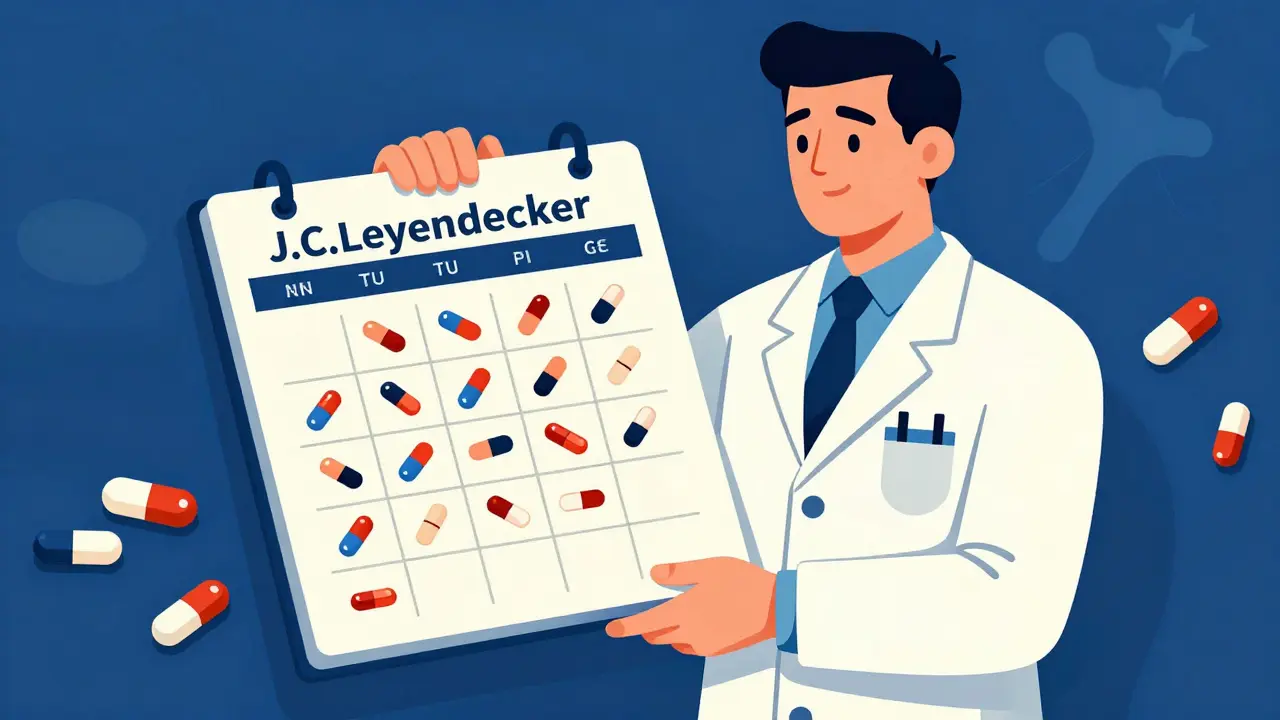 Illustration of medication synchronization with organized calendar and pills