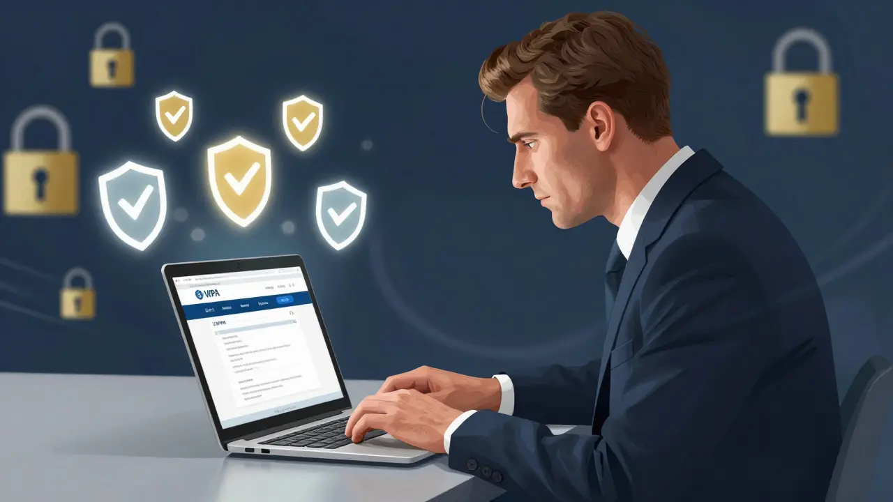 Person checking pharmacy certification icons on a laptop screen