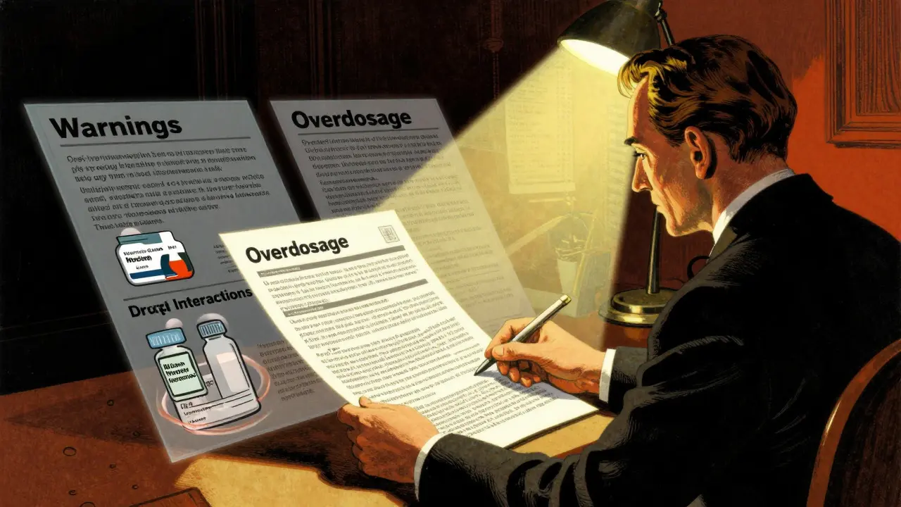 Person studying a medication guide with highlighted warning sections floating around.