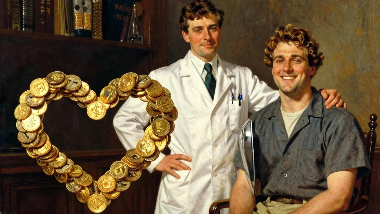 Pharmacist and healthy patient with symbols of cost savings and wellness