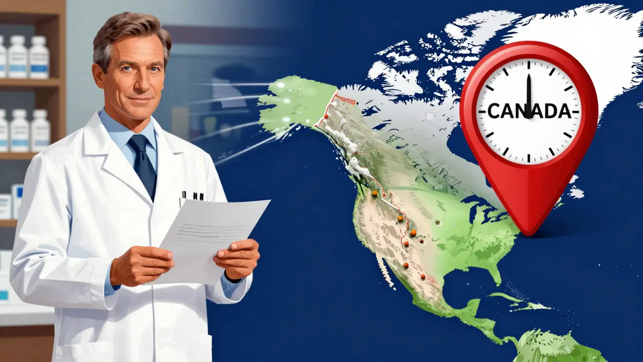 Pharmacist and map illustrating US and Canadian pharmacy options