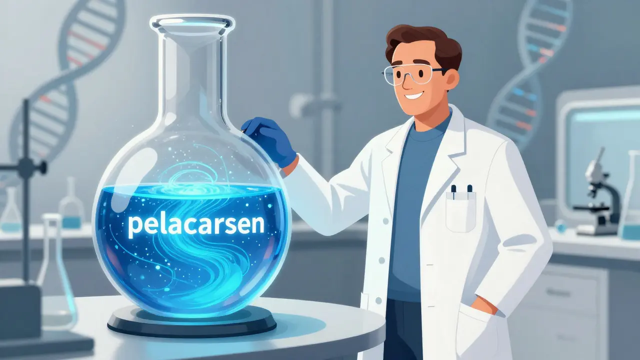 Scientist holding glowing blue vial of new genetic heart disease treatment
