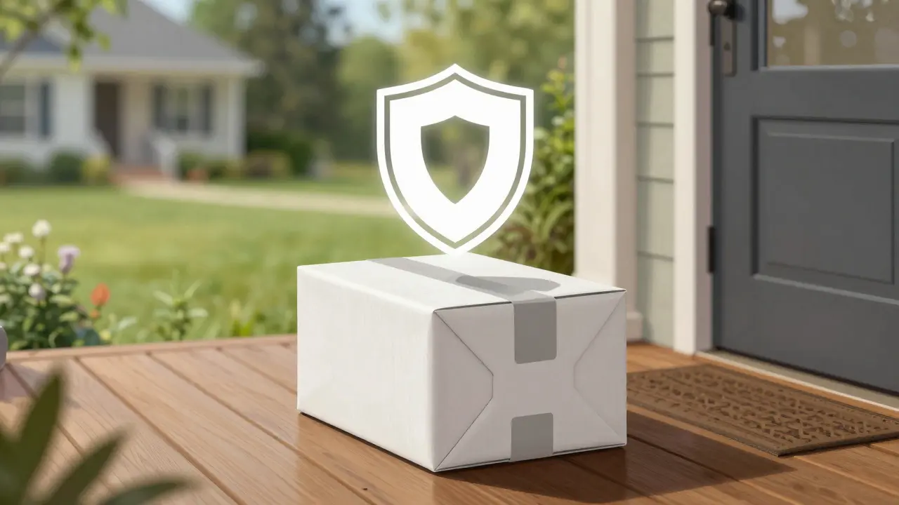 Secure medication package on a doorstep with a shield symbol for safety.