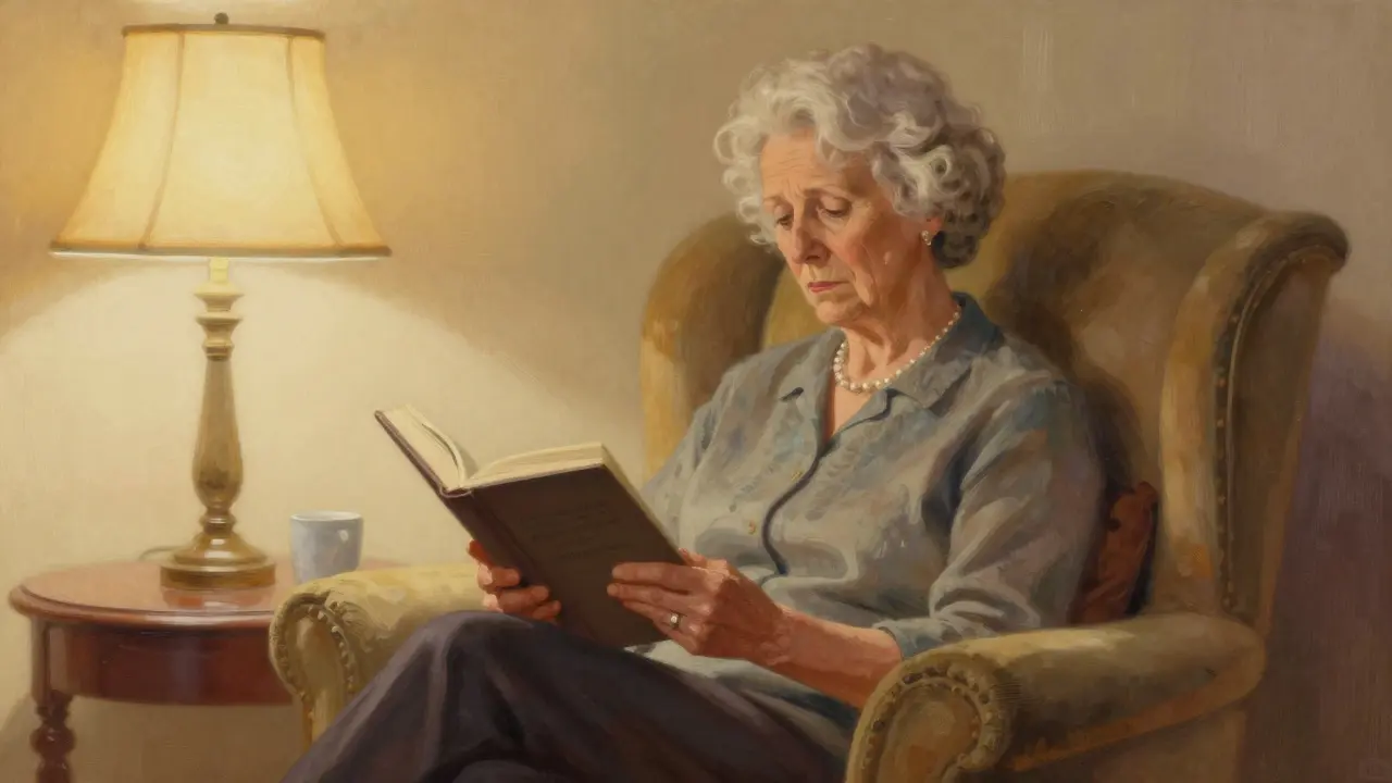 Senior woman relaxing in chair reading book, practicing sleep hygiene