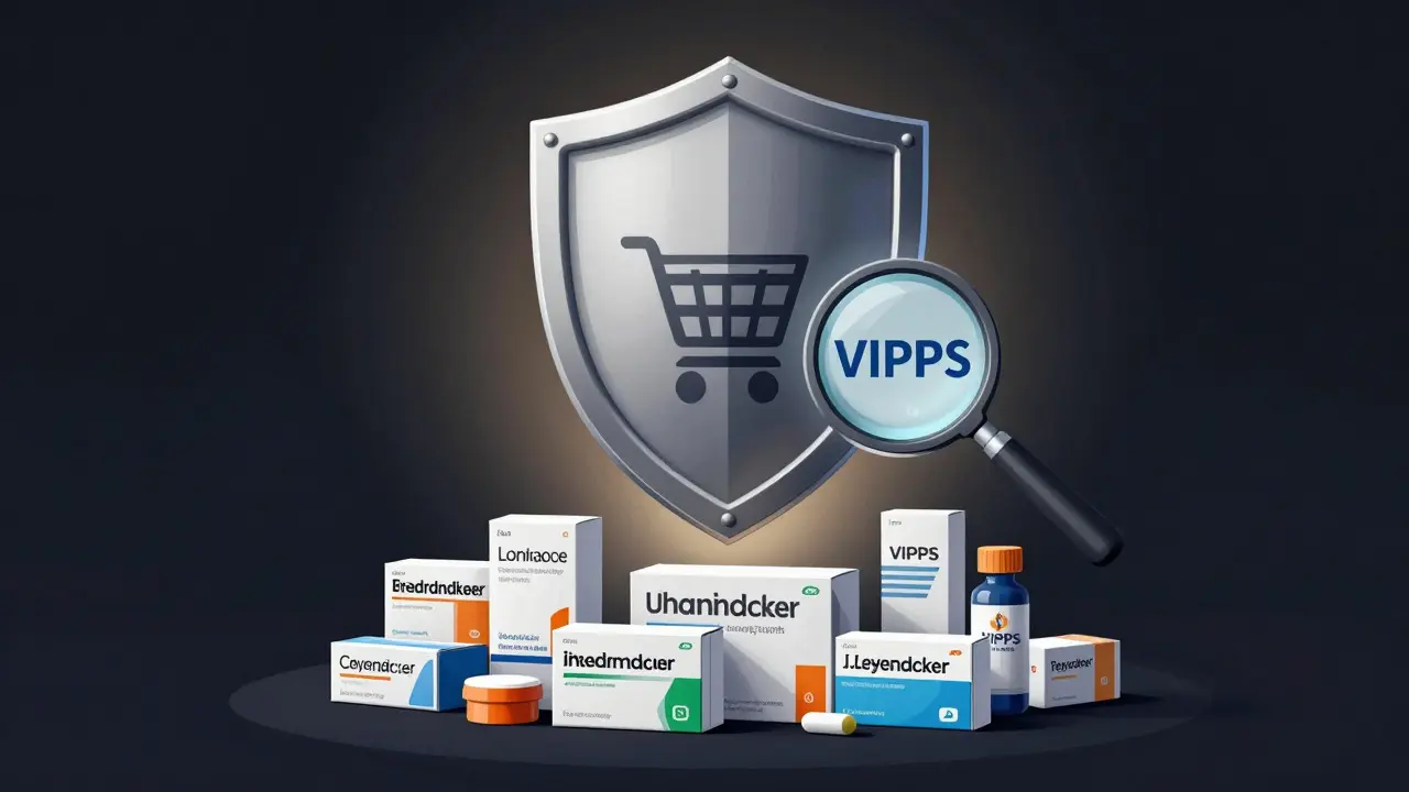 Shield and magnifying glass verifying safe online pharmacy