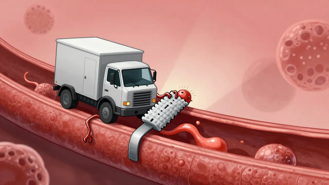 Stylized cholesterol particle with sticky strap clinging to artery wall