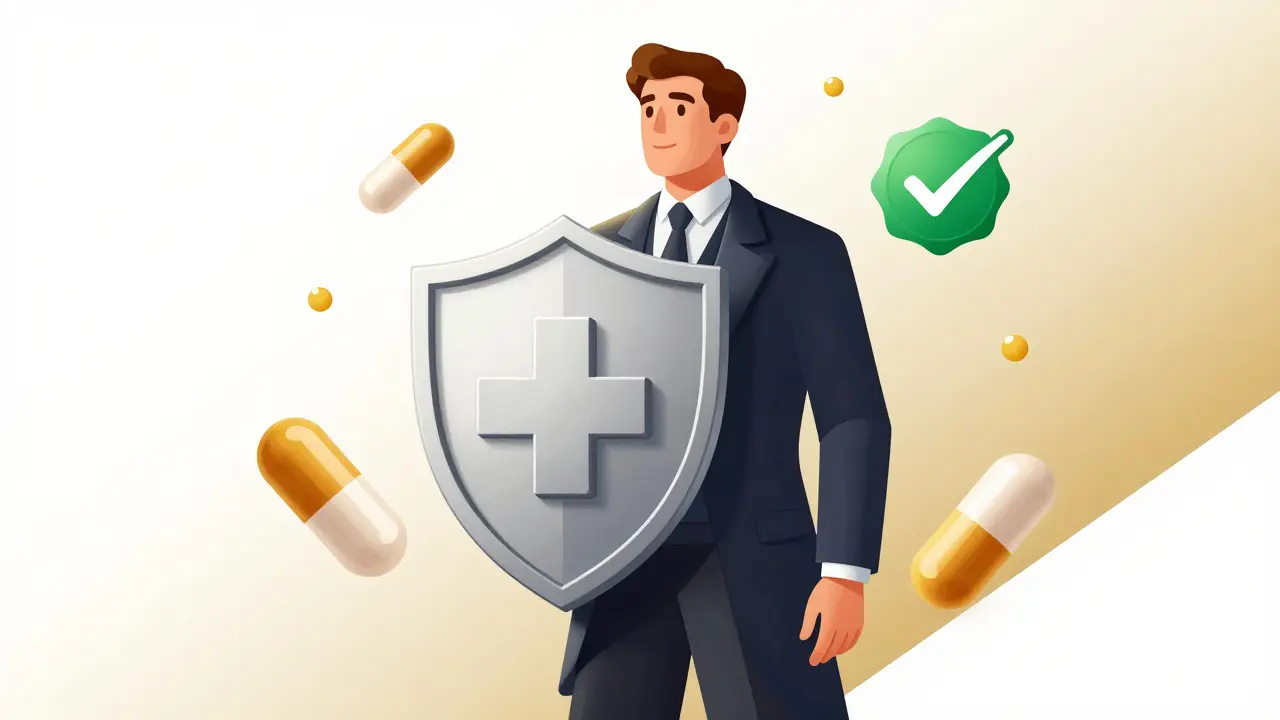 Stylized figure with shield symbolizing safe and legal online medication