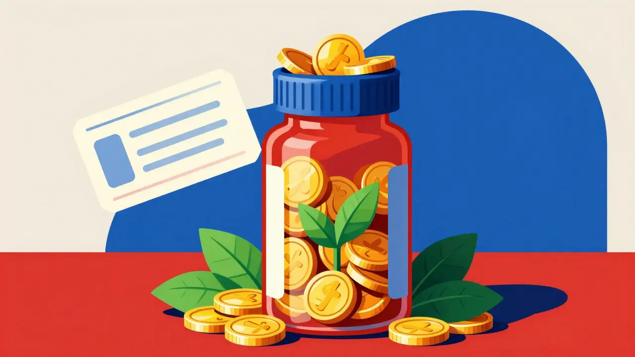 Stylized pill bottle overflowing with coins and leaves, symbolizing savings.