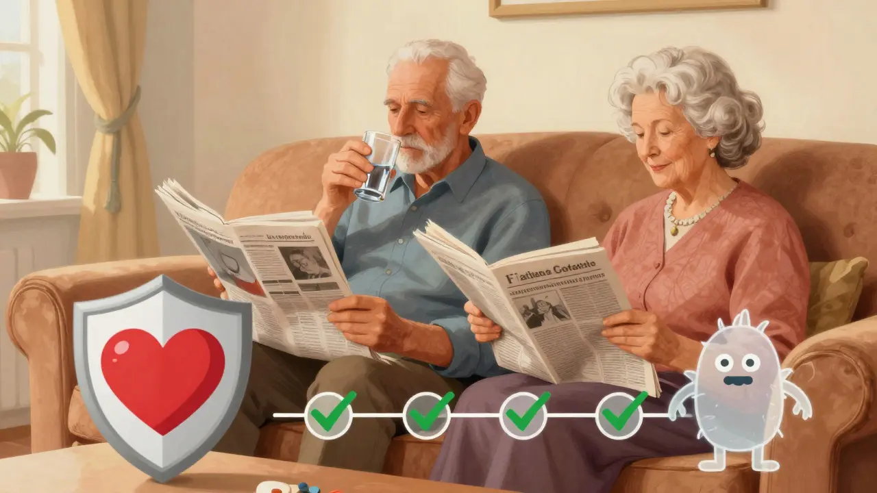 Couple at home taking medication safely with heart protection symbols