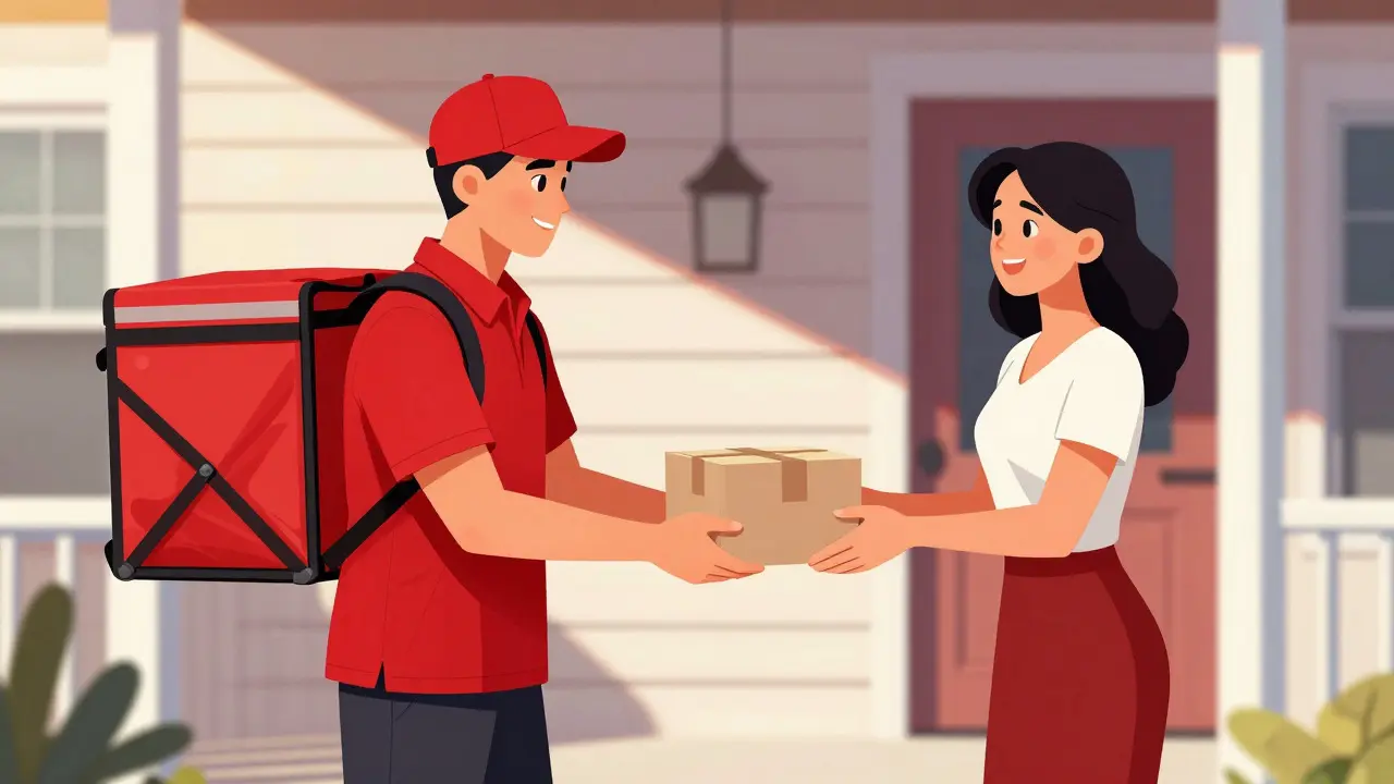 Courier delivering medicine package to homeowner