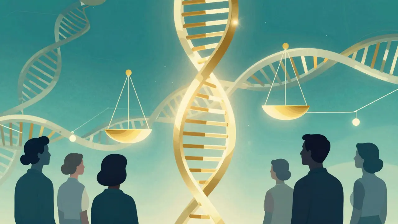 DNA helix and balance symbols representing future medicine