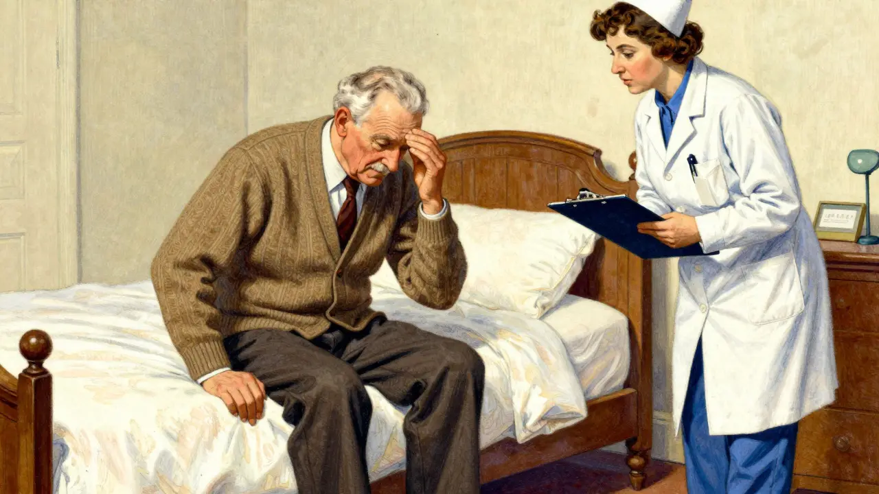 Elderly man pausing on bed edge to avoid falls, illustrated