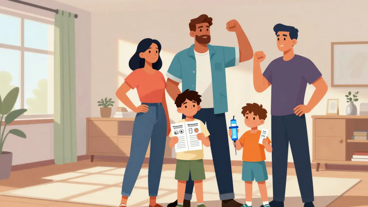 Empowered family holding naloxone training kit at home