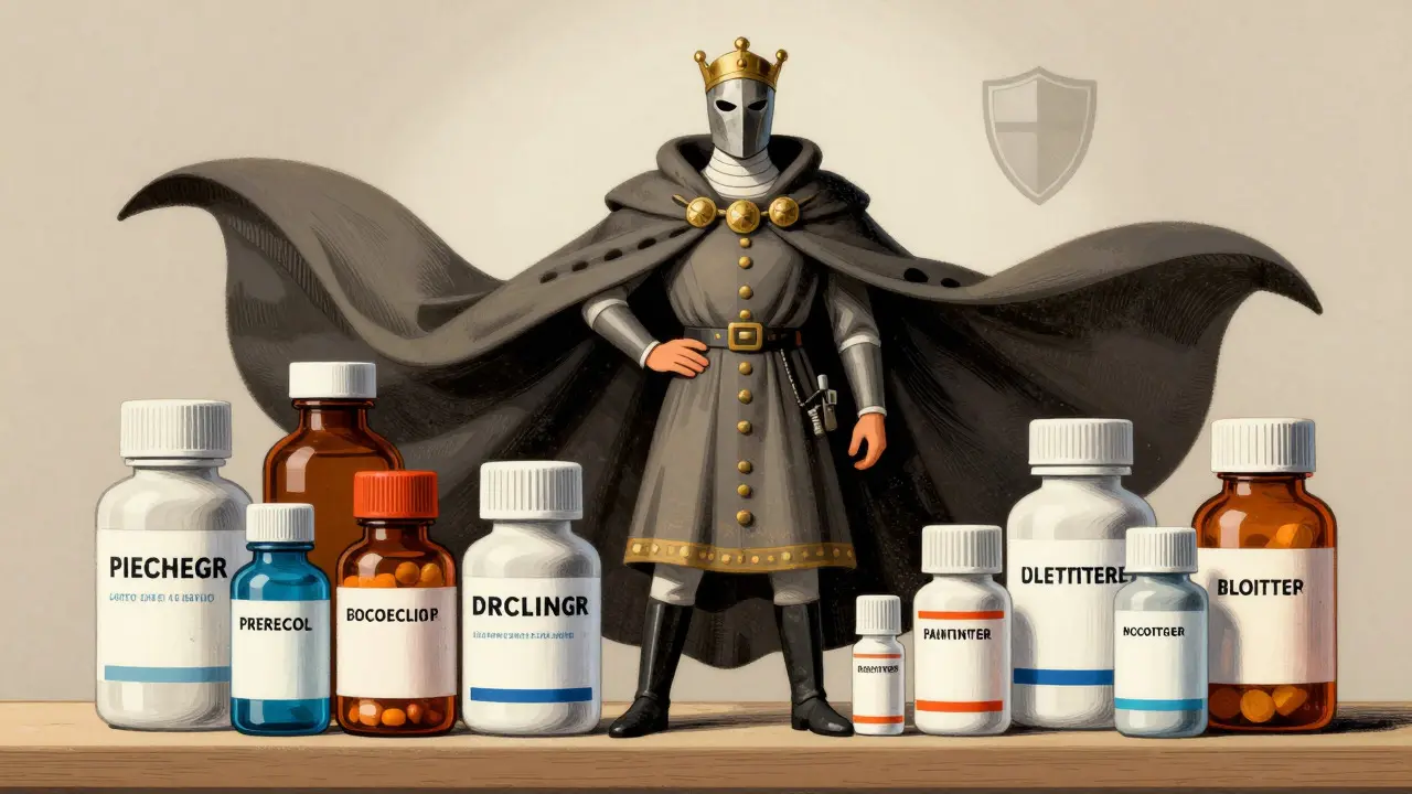 Guardian figure protecting shelves of medication