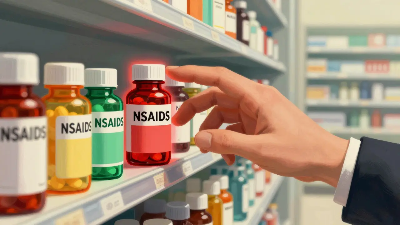 Hand hovering over a shelf choosing between safe and dangerous medication bottles