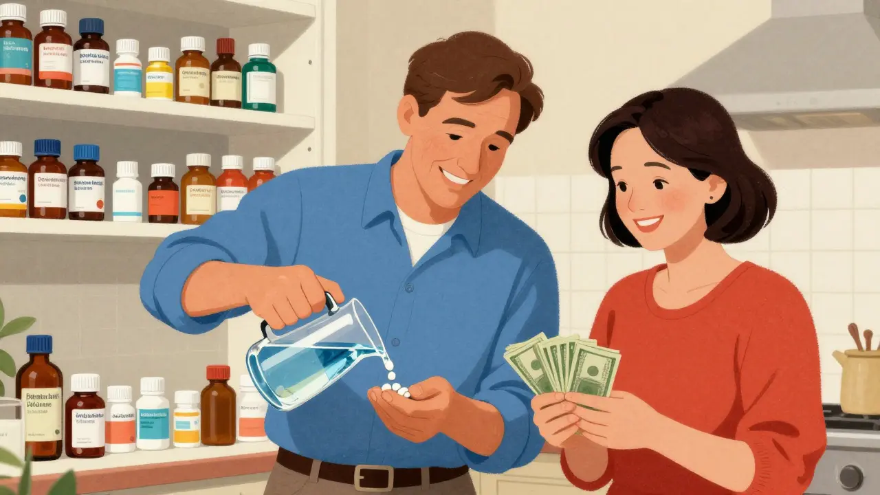 Happy family in kitchen with organized medicine bottles and savings