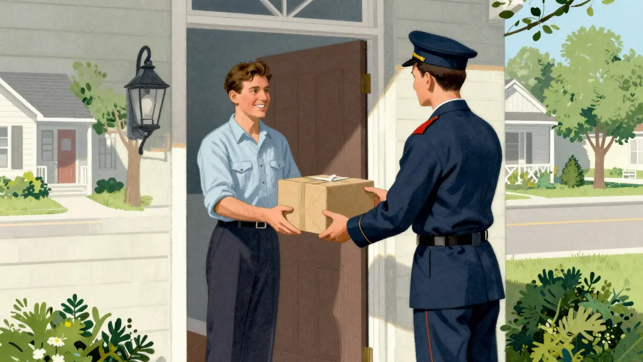 Mail carrier delivering a package to a home in classic illustration