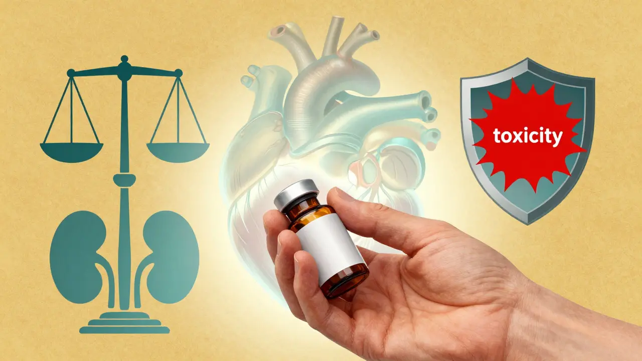 Patient holding medication with symbolic heart health and safety imagery
