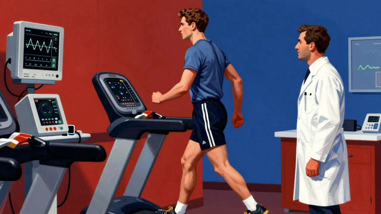 Patient undergoing treadmill stress test monitored by medical staff