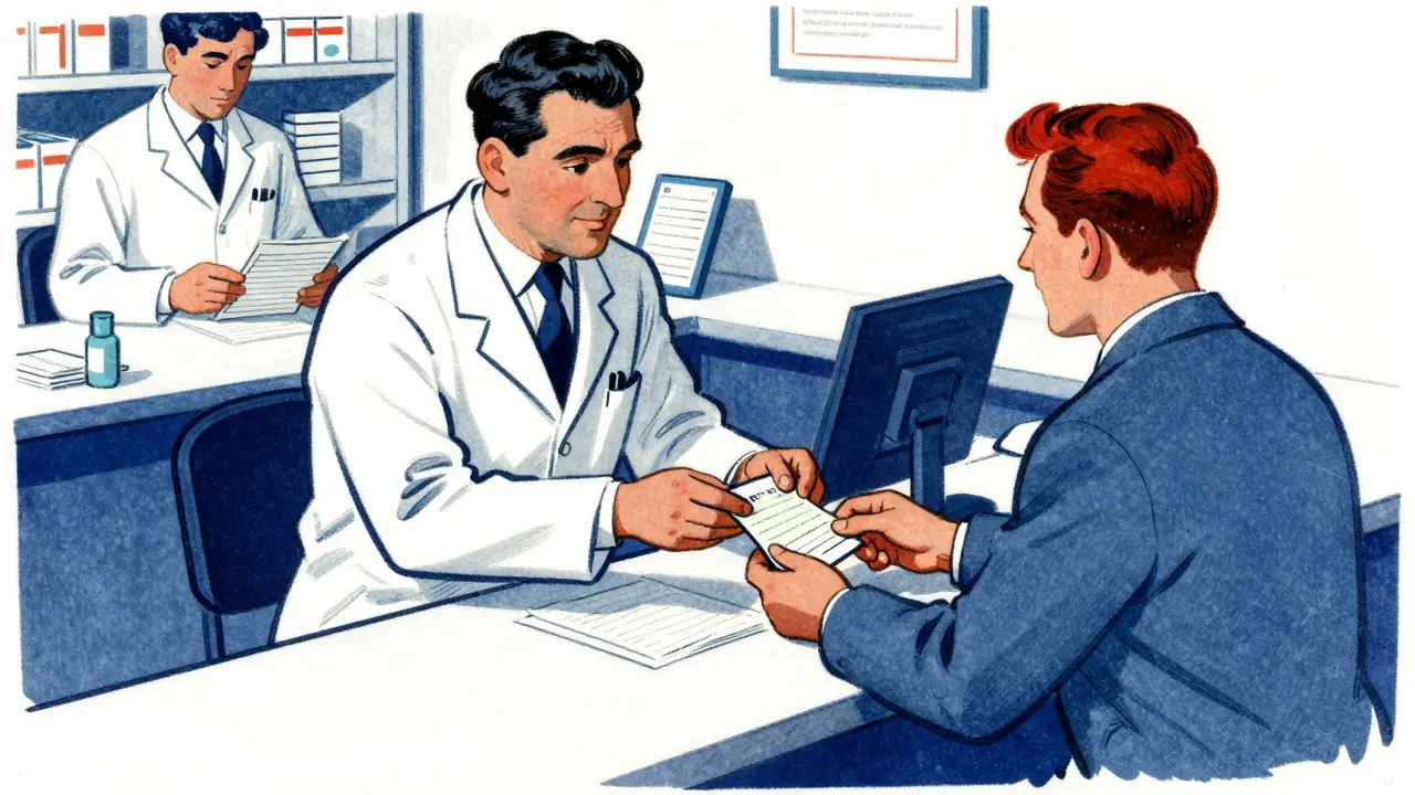 Pharmacist handing a bag to a customer in vintage illustration style