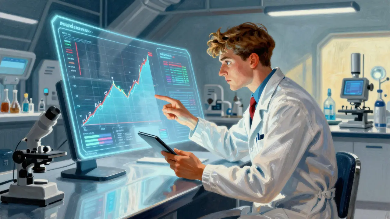 Researcher using holographic tech to predict drug stability in a modern lab.
