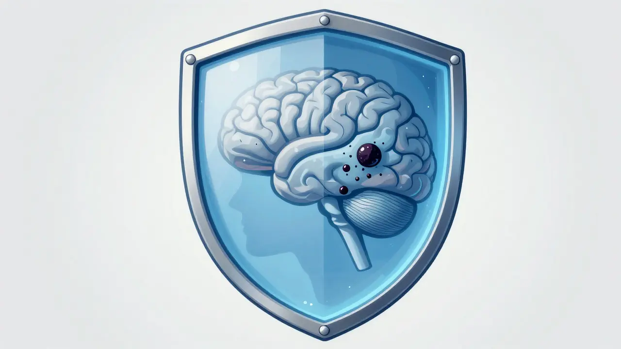 Shield protecting a brain from clots in J.C. Leyendecker style