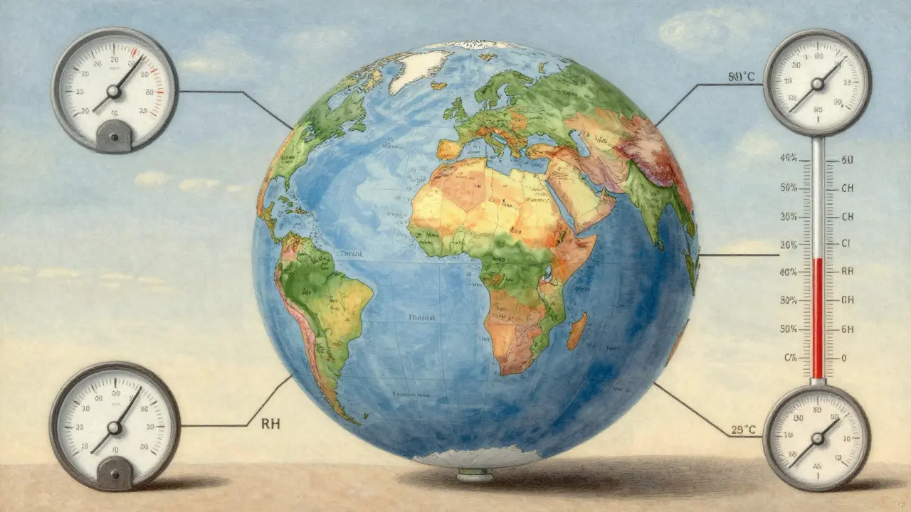 Stylized globe showing climatic zones and humidity levels for drug testing.