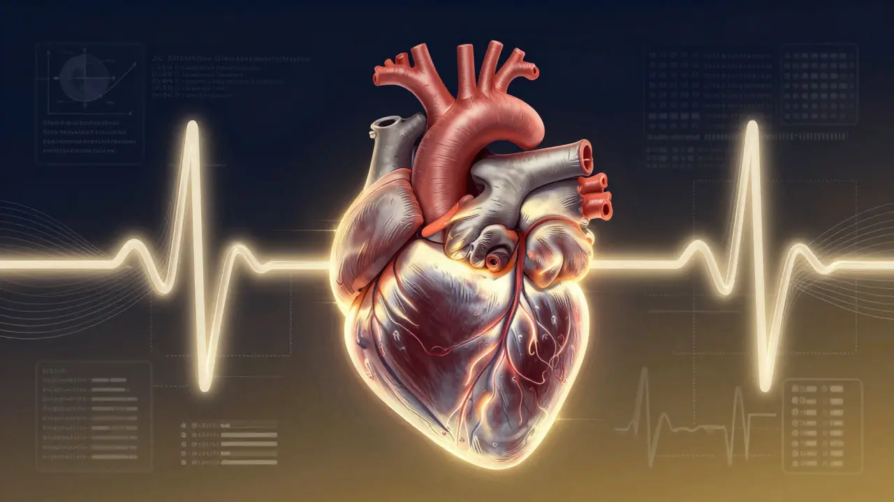 Stylized heart glowing with data streams representing cardiac diagnostics