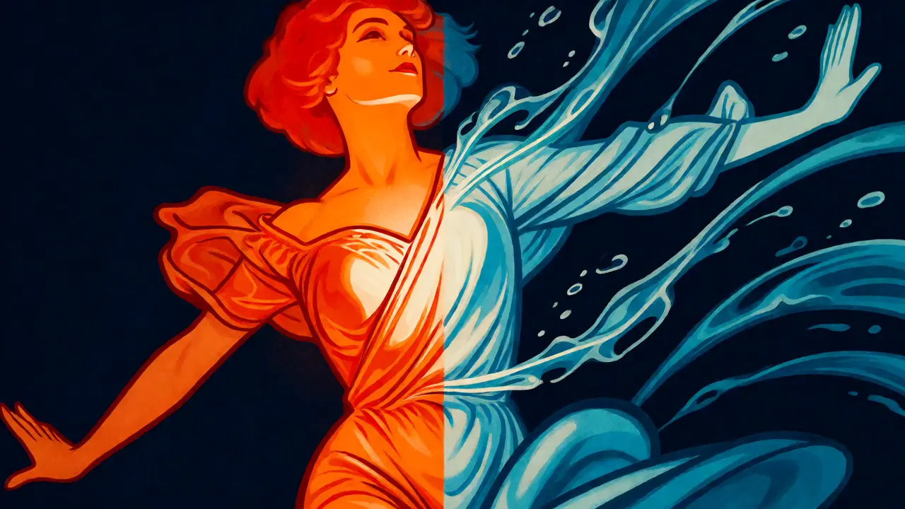 Stylized illustration of a glowing human figure experiencing internal heat from medication side effects.