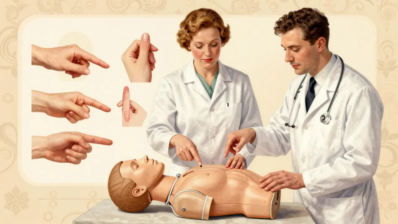 Trainer demonstrating cyanosis recognition on diverse skin tones