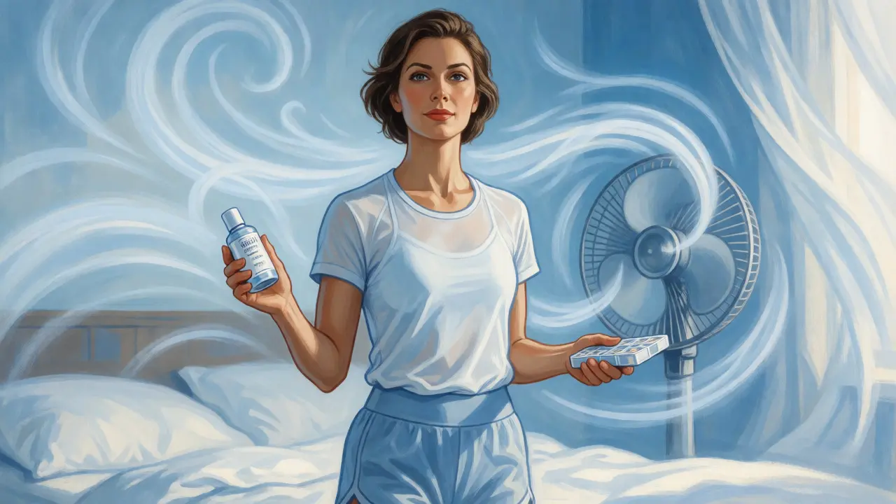Woman in cool clothing holding medication and antiperspirant, illustrating relief strategies in cartoon style.