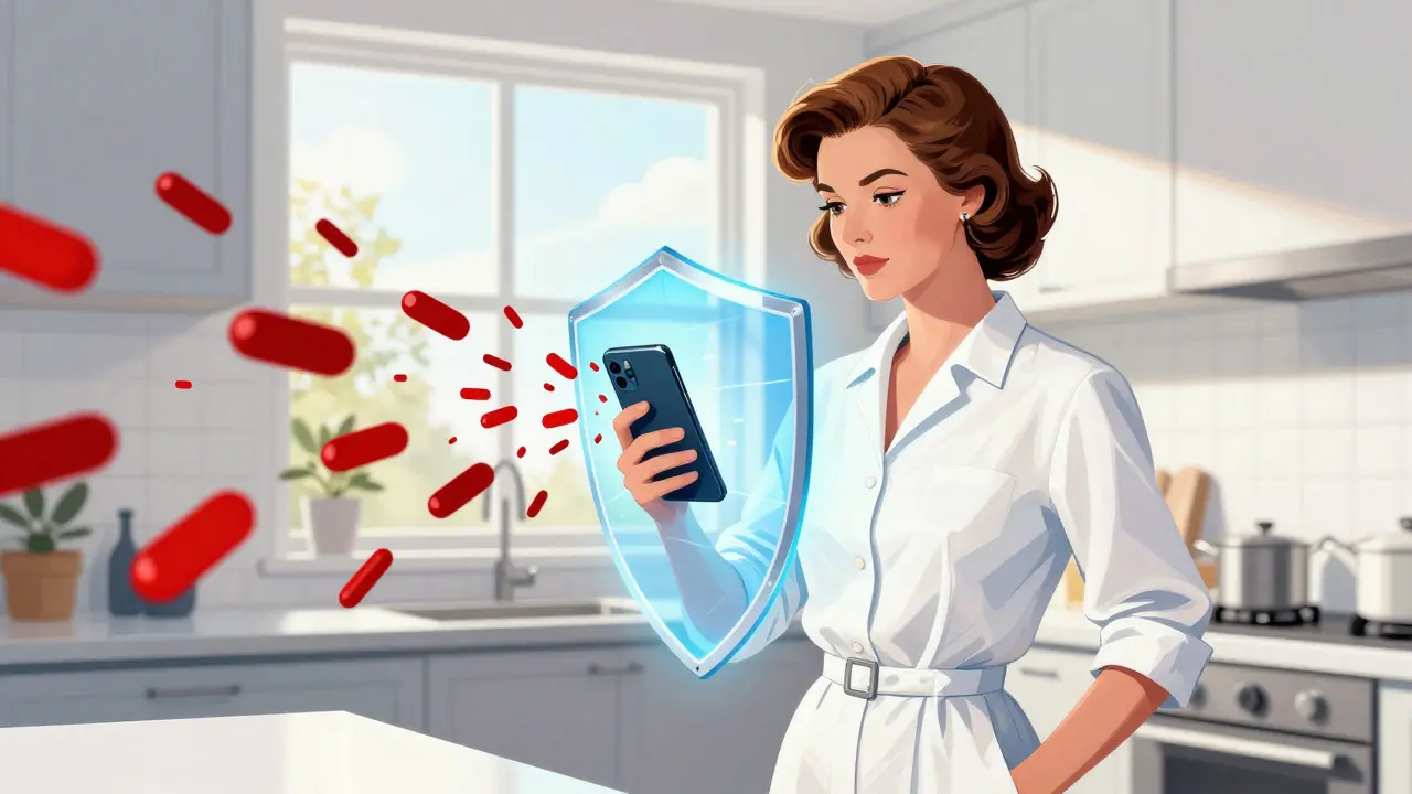 Woman using a phone to create a protective shield against drug interaction symbols