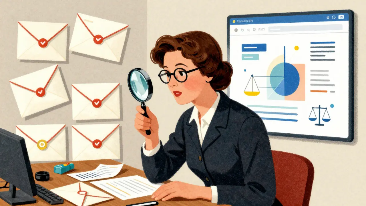 Woman using magnifying glass to verify safety of online pharmacy options