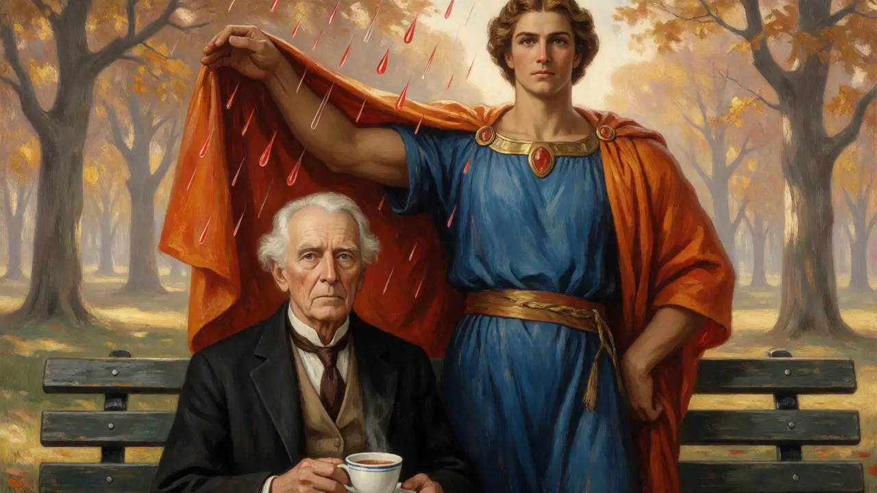 Elderly patient protected by a guardian figure from falling red drops.
