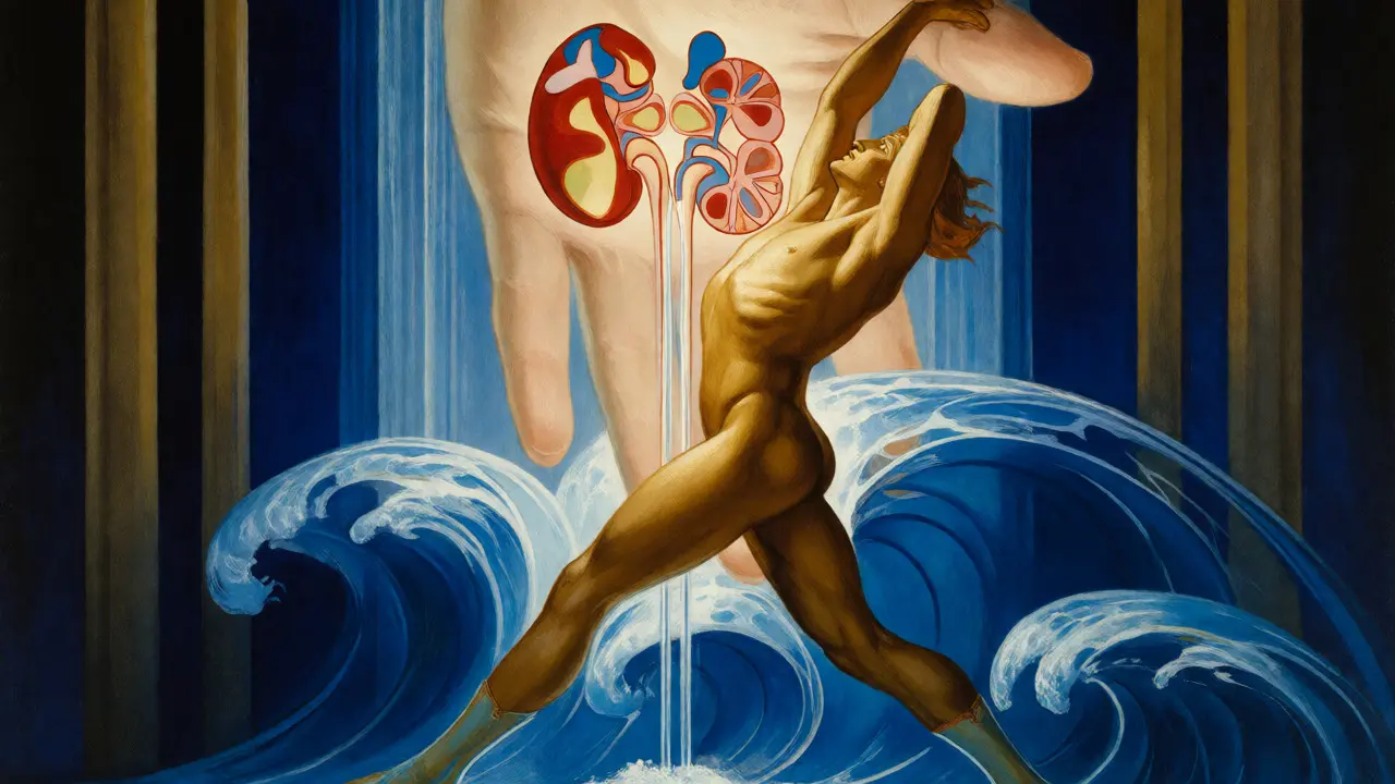 Stylized figure battling rising fluid waves while a hand blocks kidney flow.